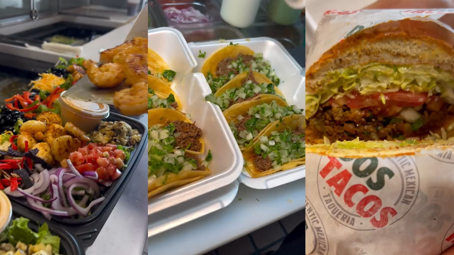 Close-up of eight street tacos in styrofoam containers, featuring beef asada, yellow corn tortillas, and fresh cilantro and onions