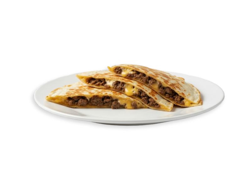 Three golden-brown ground beef quesadillas cut into triangles, filled with melted yellow cheese and savory meat, and served on a simple white plate.